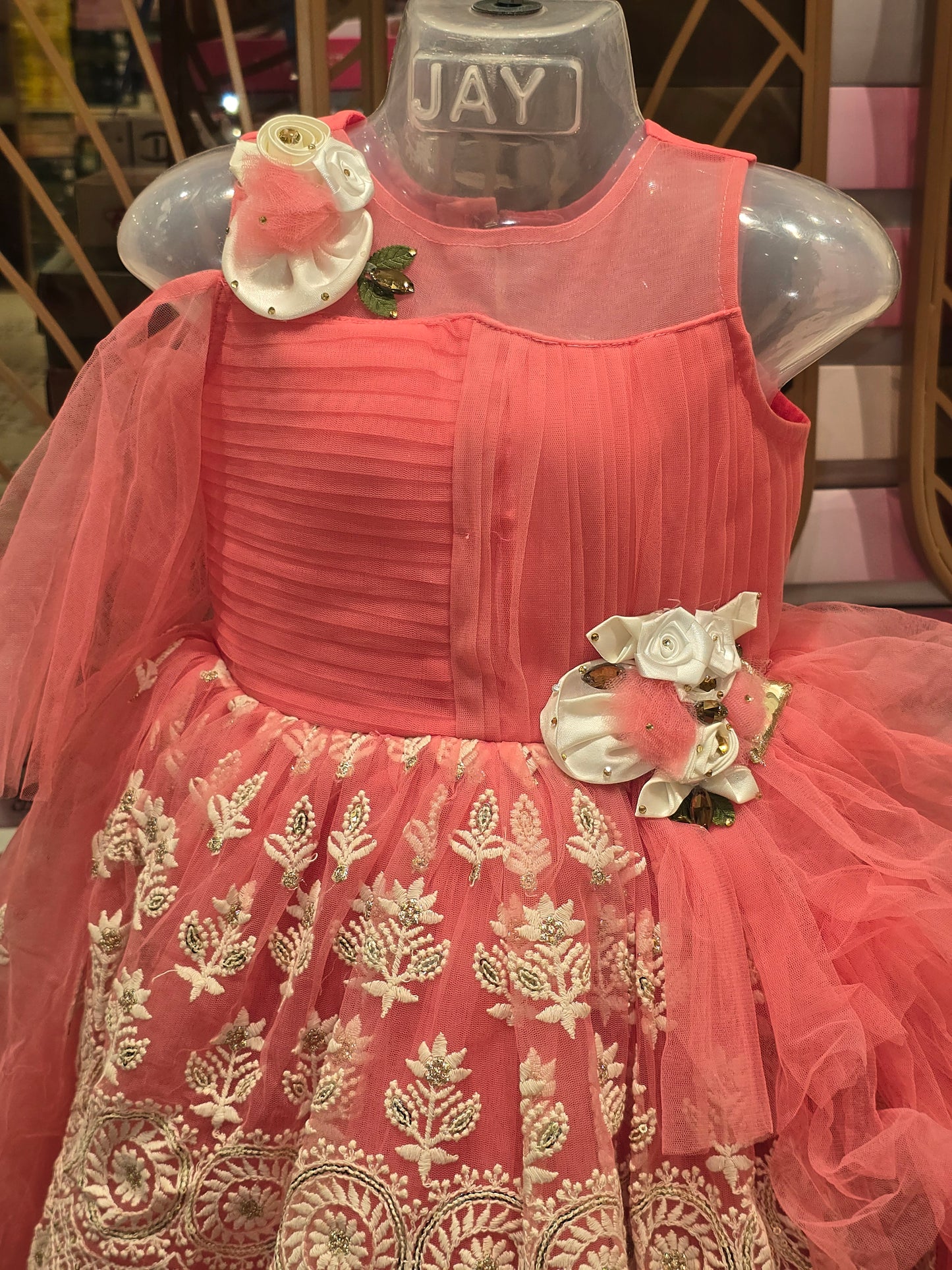 Girl Baby Peach Knitted Embroidered Cool Shoulder Gown