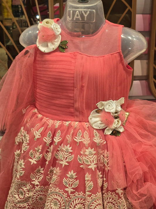 Girl Baby Peach Knitted Embroidered Cool Shoulder Gown