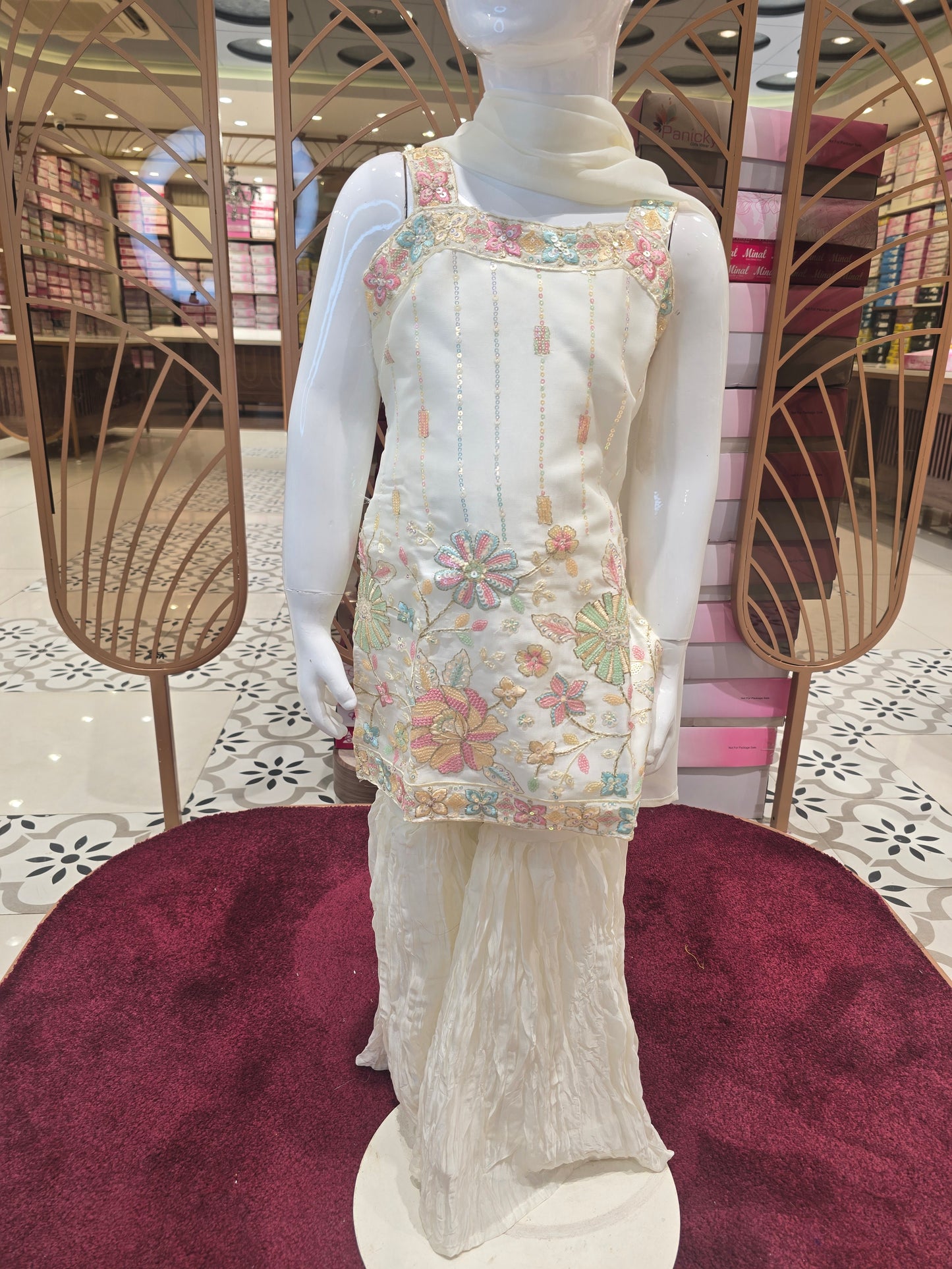 Girls Off White Embroidered Chiffon Sharara Set