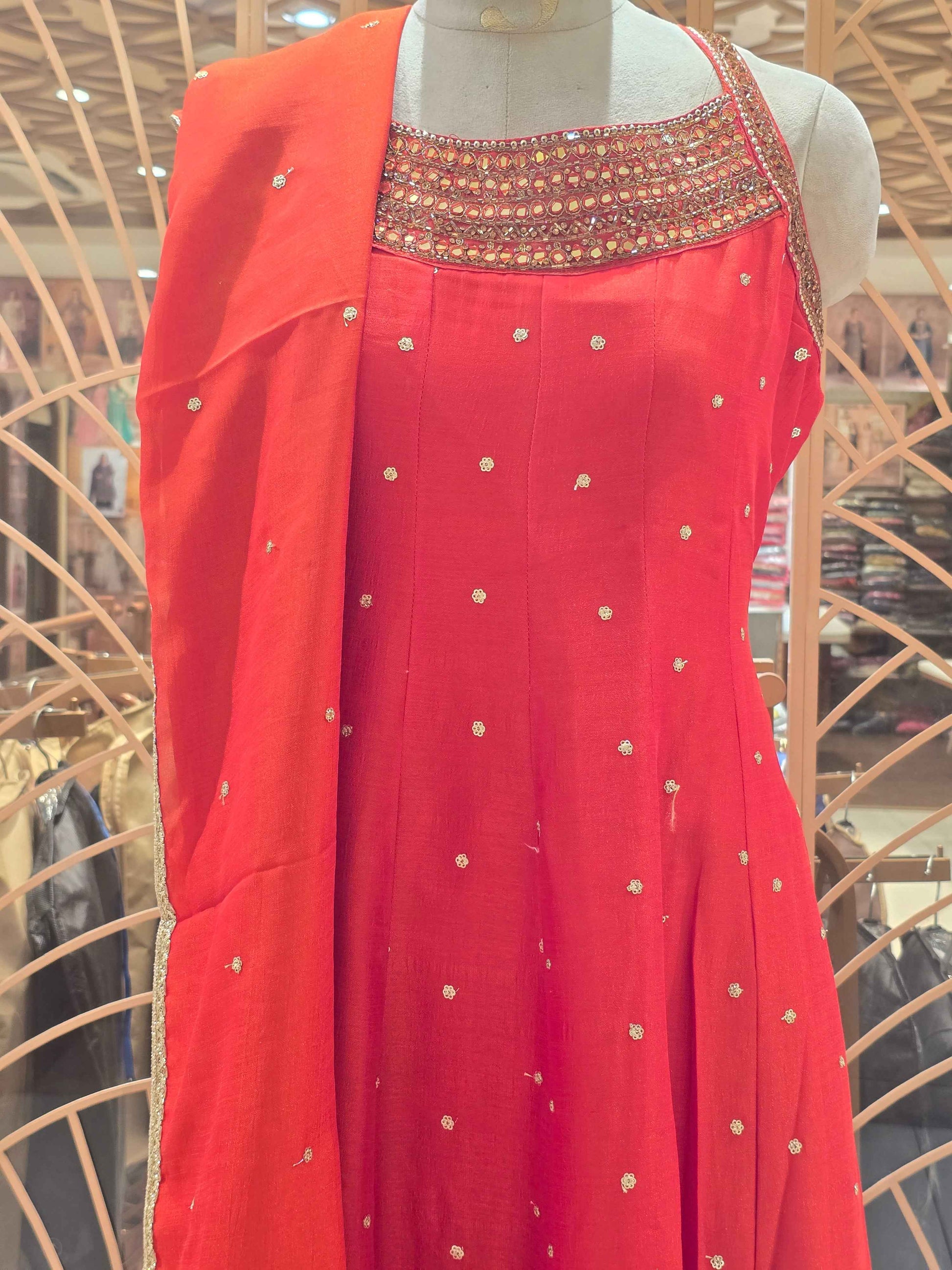 Crepe silk material orange color Anarkali kurta set