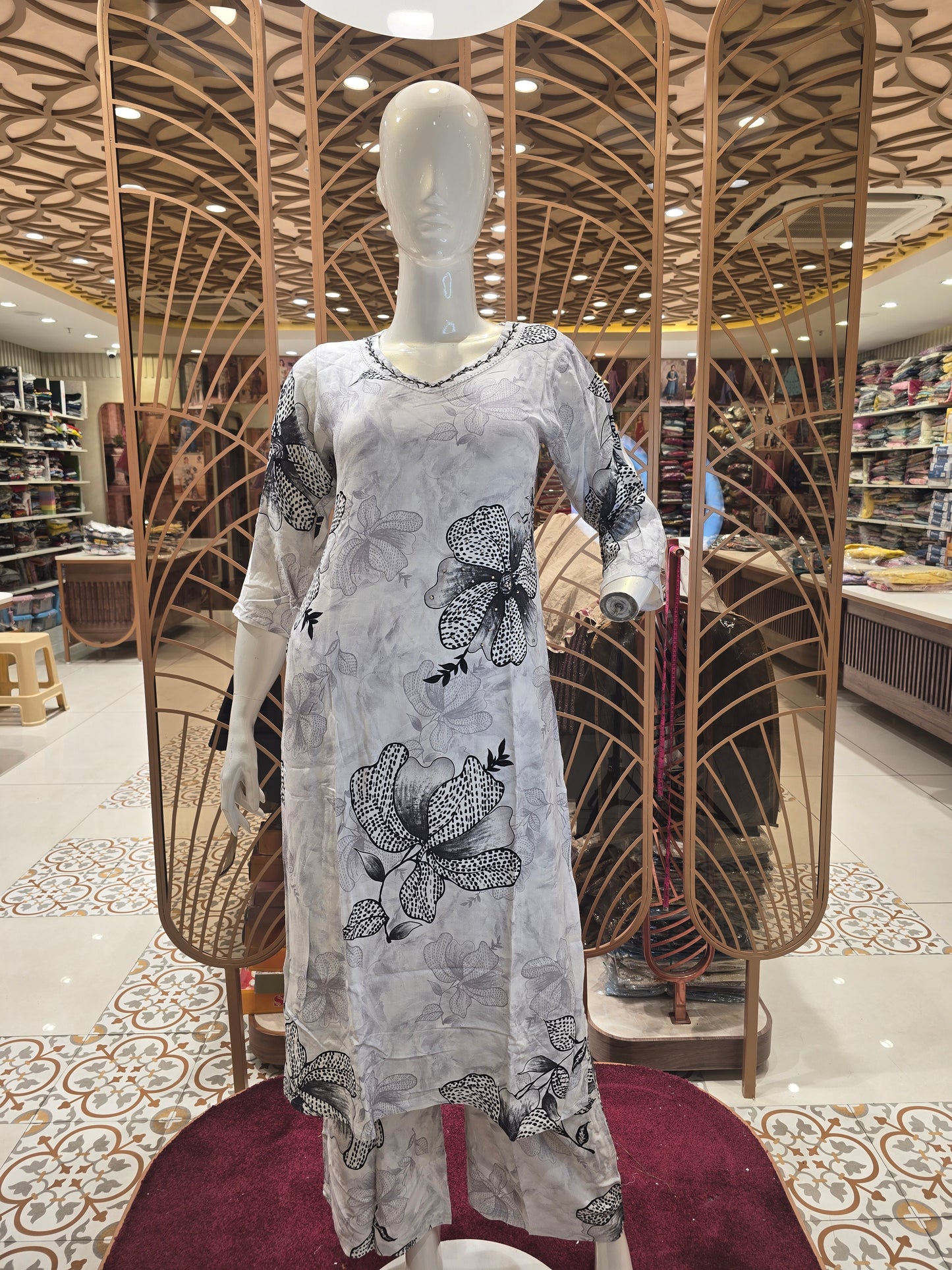 White Cotton Printed Kurti Set for Women with Grey Floral Design, Straight Fit and Three-Quarter Sleeves