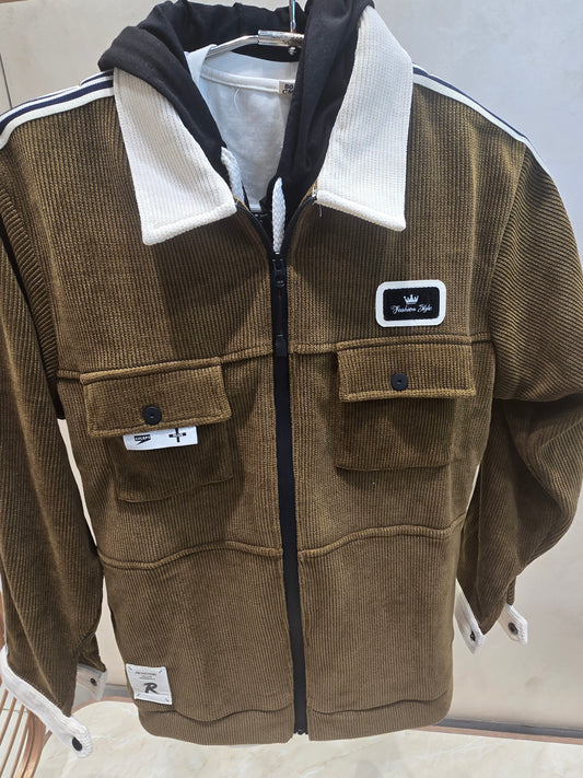 Pintex Corduroy Mehandi Green Jacket with Detachable Hood, Full Sleeves Striped Cuff, Dual-Zip Front & Pure Cotton Printed T-Shirt – Boys (Age 8, Size 28)