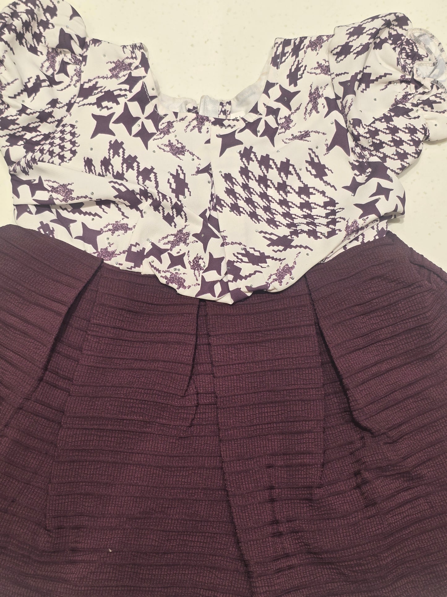 Cotton material white with wine color baby frock with buff Sleeve