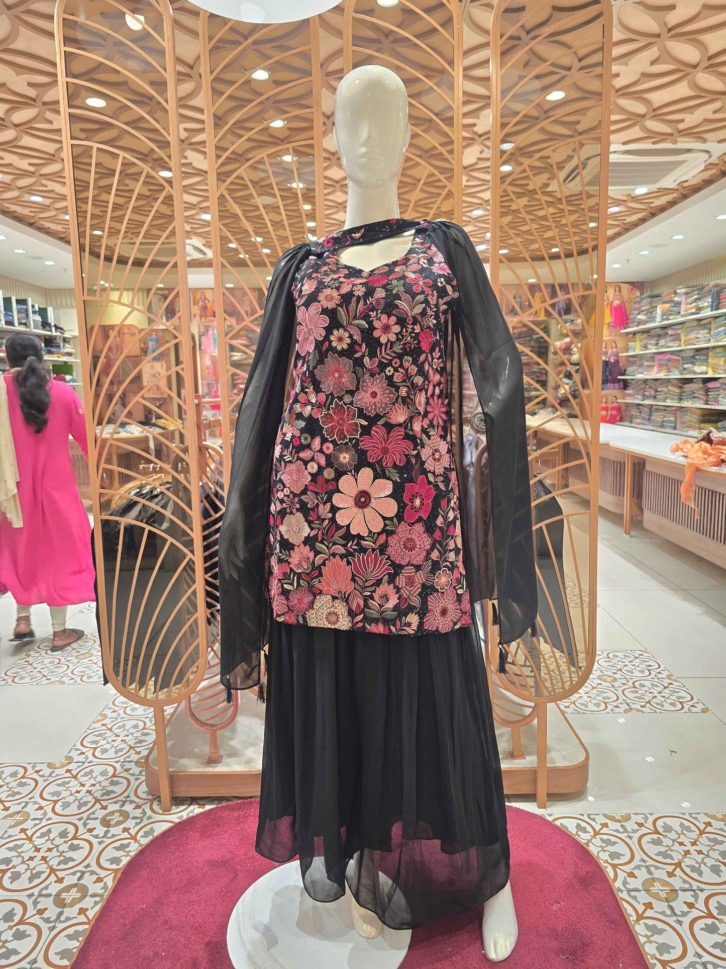 Georgette Material black colour sharara with multi colour flower embroidery design