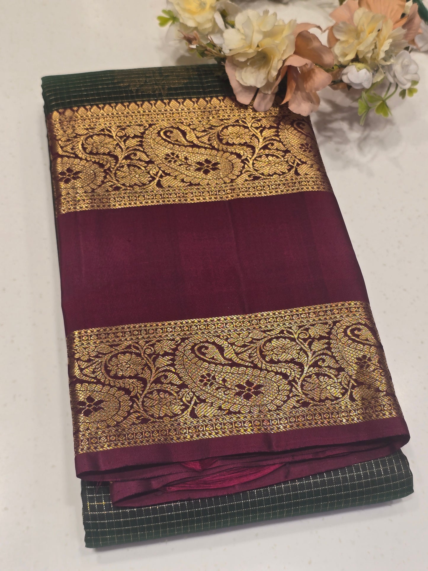 Exclusive Pure Handloom Kanchee Silk Saree with Checked Pattern, Mango Motifs & Bentex Border | Rich Pallu | Wedding Wear