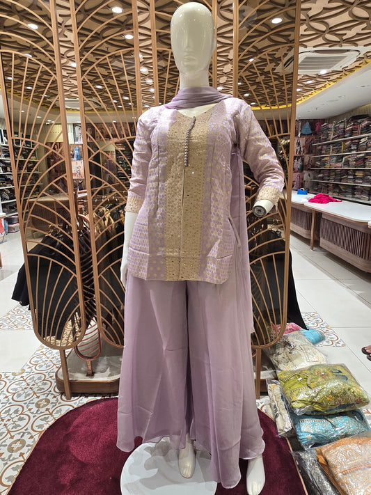 Women Lavender Organza Slit Cut Sharara Set