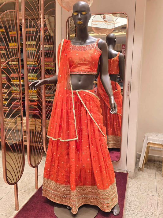 Tissue silk material lehenga for women with zari work border and motifs