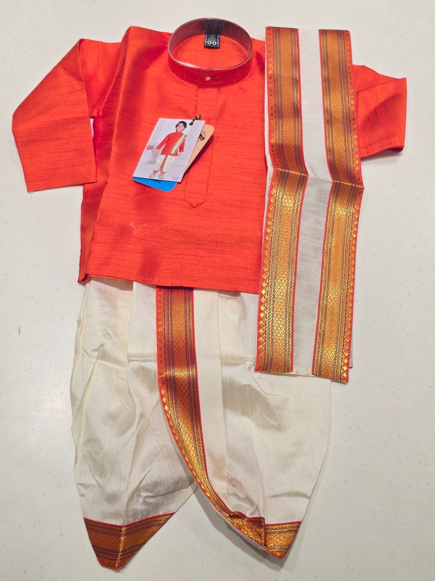 Orange Semi Silk Dhoti Set for Boys