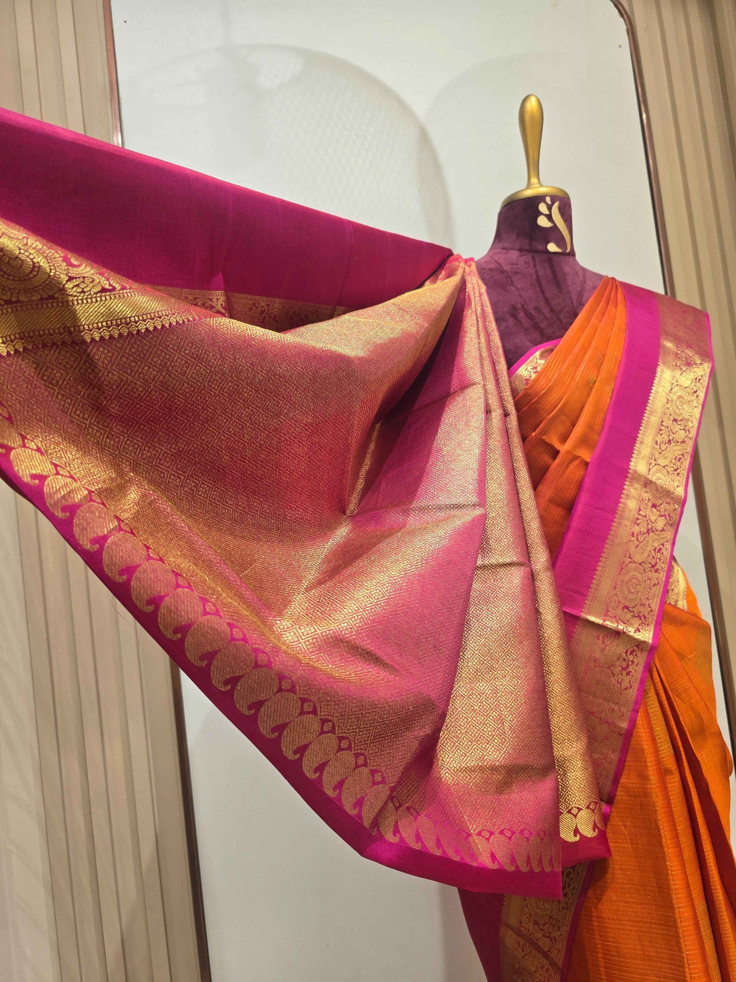 Handloom pure Kanjivaram silk saree orange with pink colour and bentex border