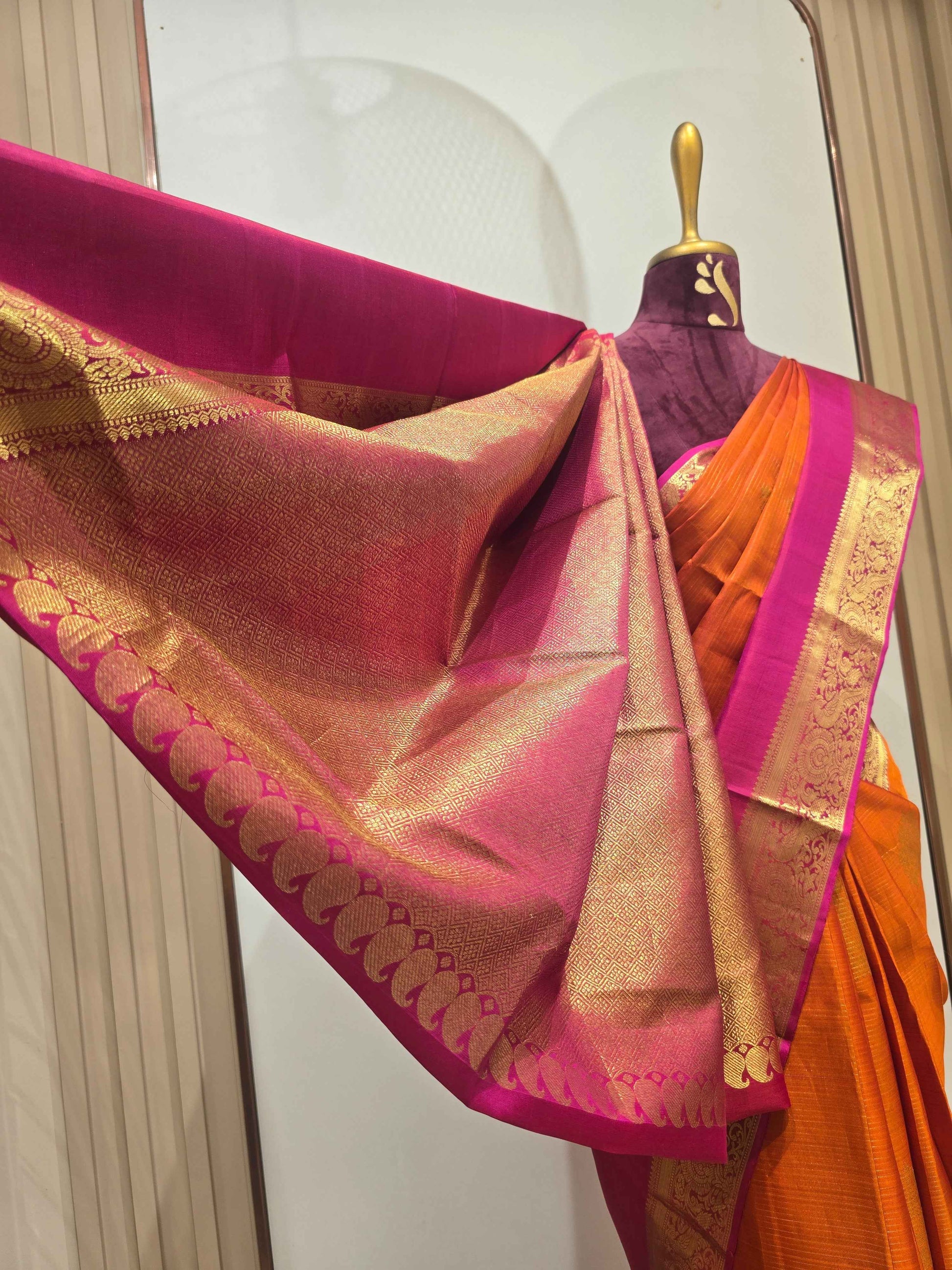 Handloom pure Kanjivaram silk saree orange with pink colour and bentex border