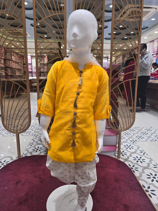 Girl Yellow Chanderi Silk Patiala Set with Pants