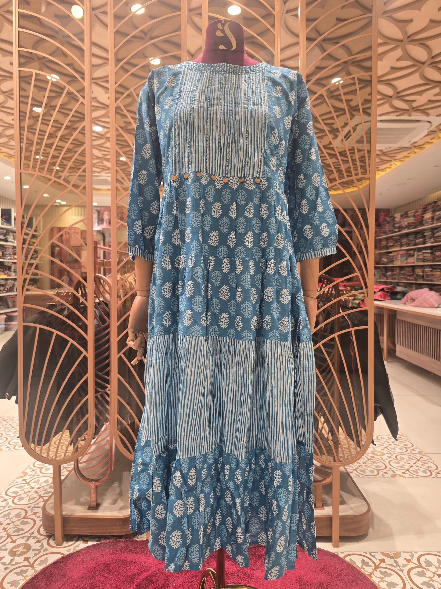 Women Blue Cotton Floral Anarkali Kurti