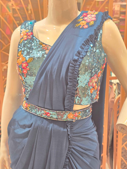 Women Teal Blue Lycra Satin Ready to Wear Saree Set