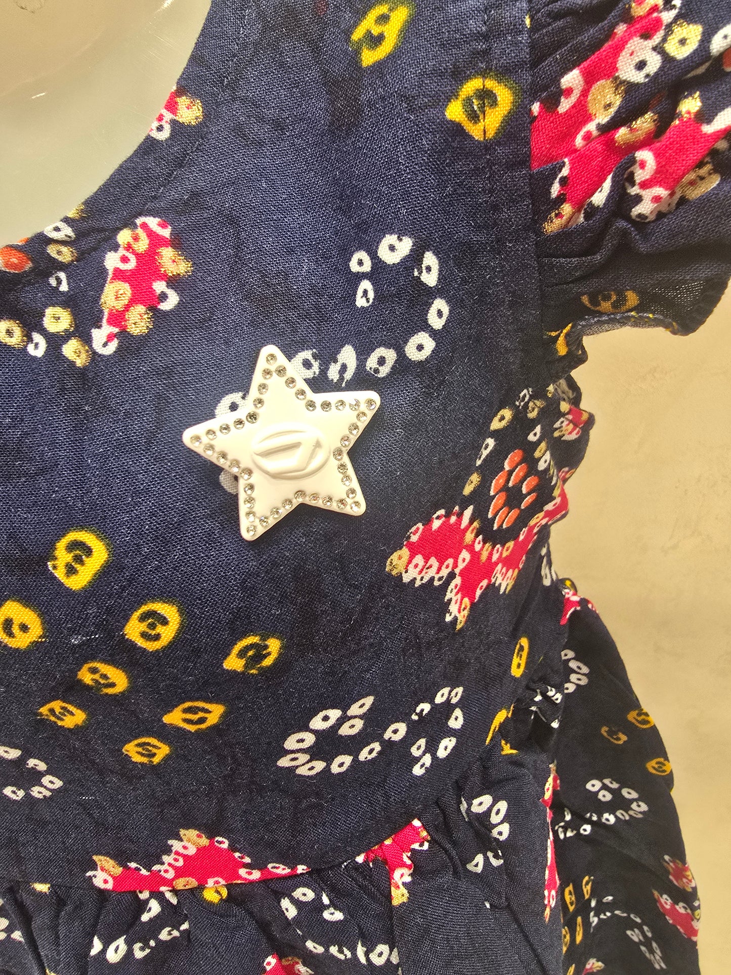 Dark Blue Cotton Shirt Frock with Bandhani Print & Mega Sleeves – Casual Wear for Girls