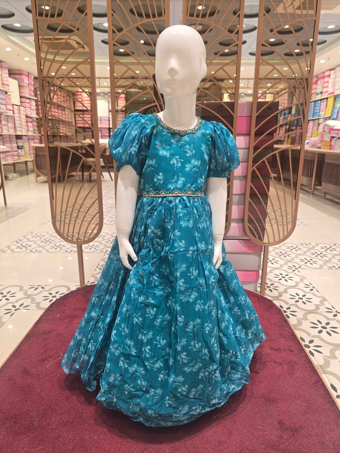 Girl Rama Green Printed Georgette Traditional Gown