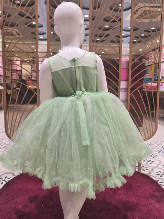 Girl Light Green Knitted Shimmer Party Short Frock