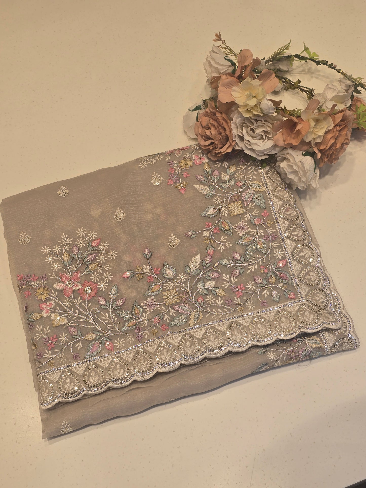 Crush Organza Saree with Multi-Colour Embroidery and Sequence Cut-Work Border | Party Wear