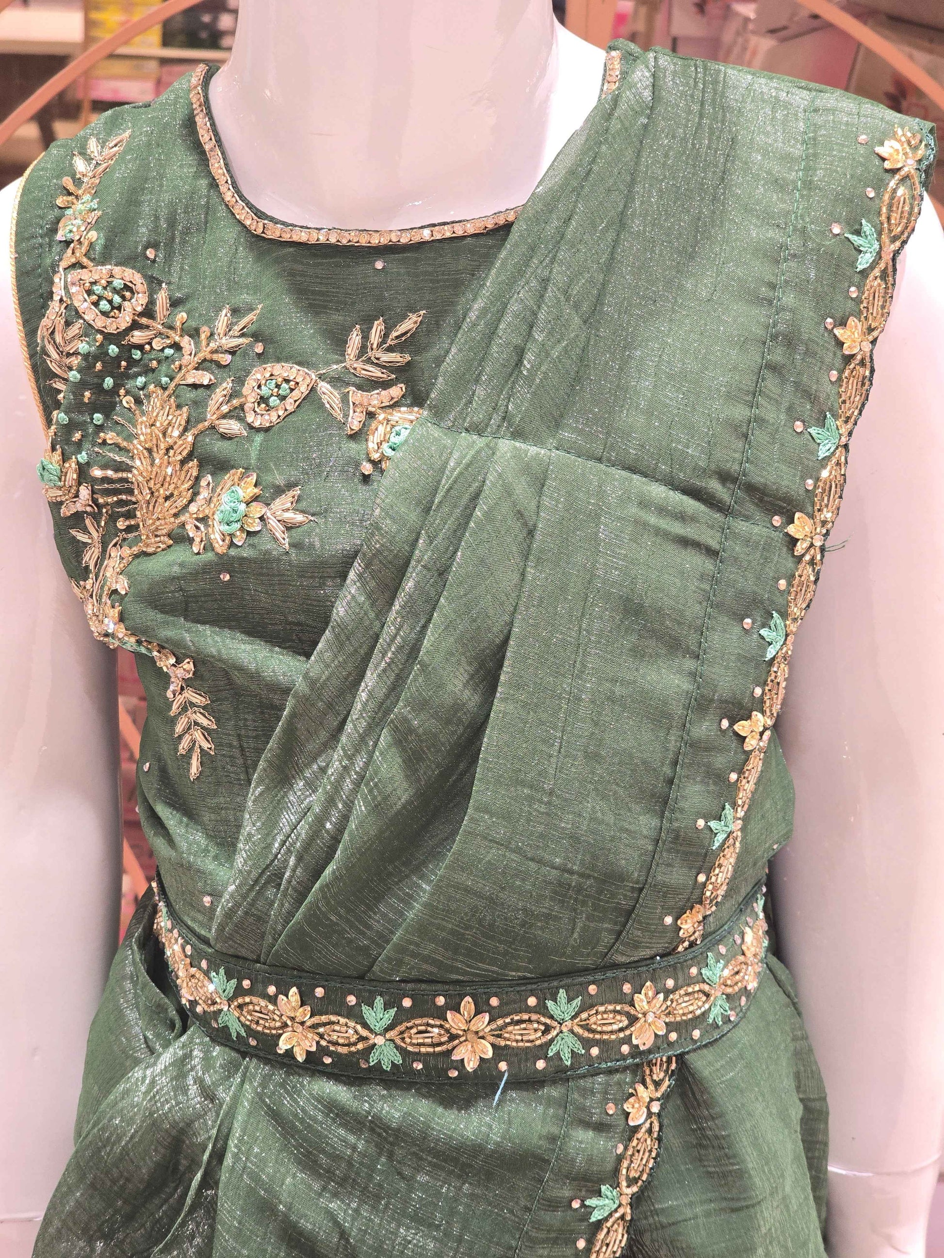 Crush tissue Material green colour ethnic ready to wear( 1min saree) with stone work detachable belt