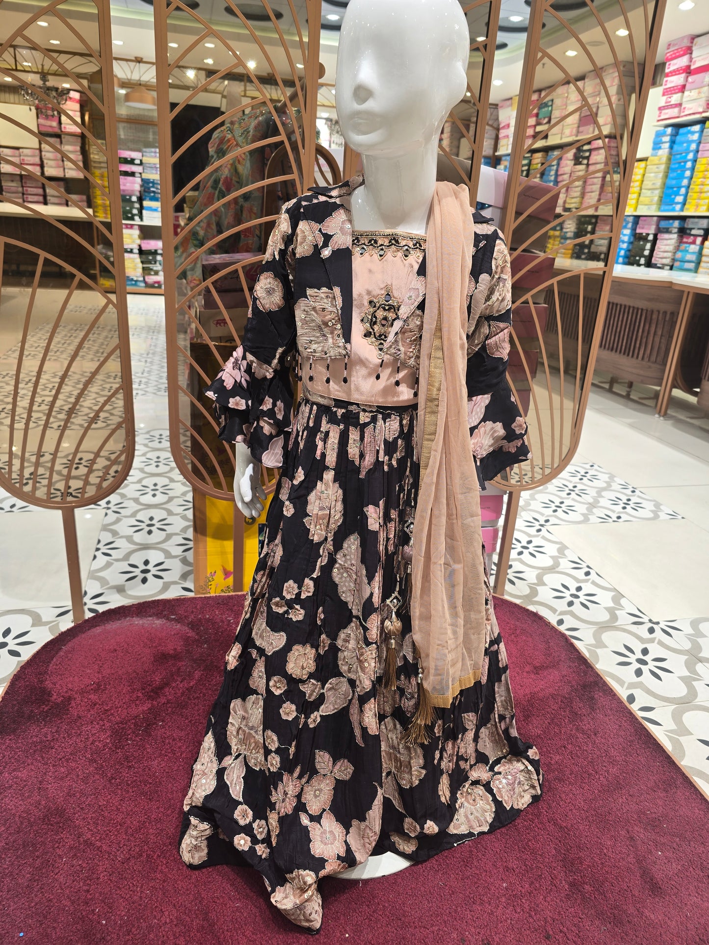 Printed Crepe Ghagra Choli with Silver Zari Embroidery & Bell Sleeves (3-Piece Party Wear Set)