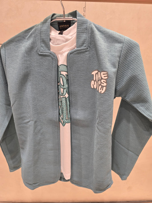 Sky Blue Jute Shrug with Overlook Finishing & Pure Cotton White Printed T-Shirt (Two-Piece Set)