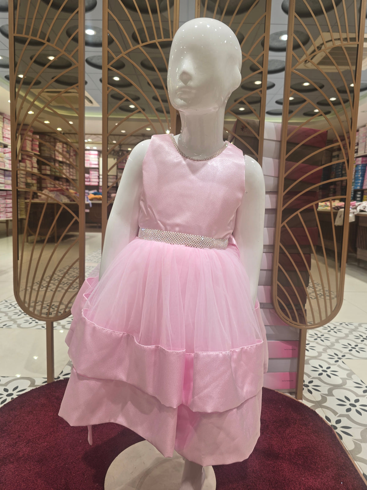 Girls Baby Pink Knitted Short Frock with Stone Waist Detail