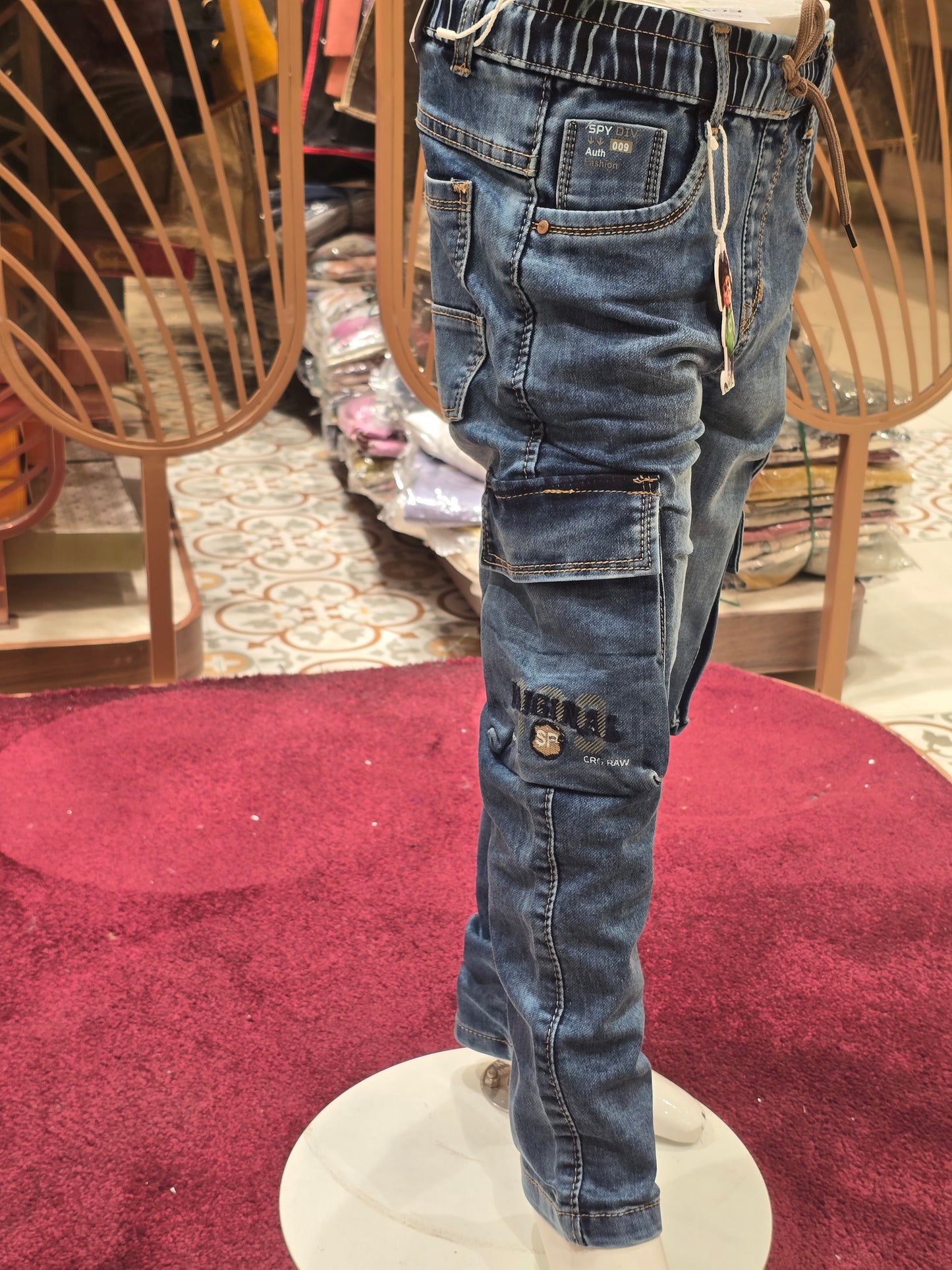 Blue Denim Cargo Jeans for Boys with Ribbon Detail, Six Pocket Design and Round Elastic Waistband