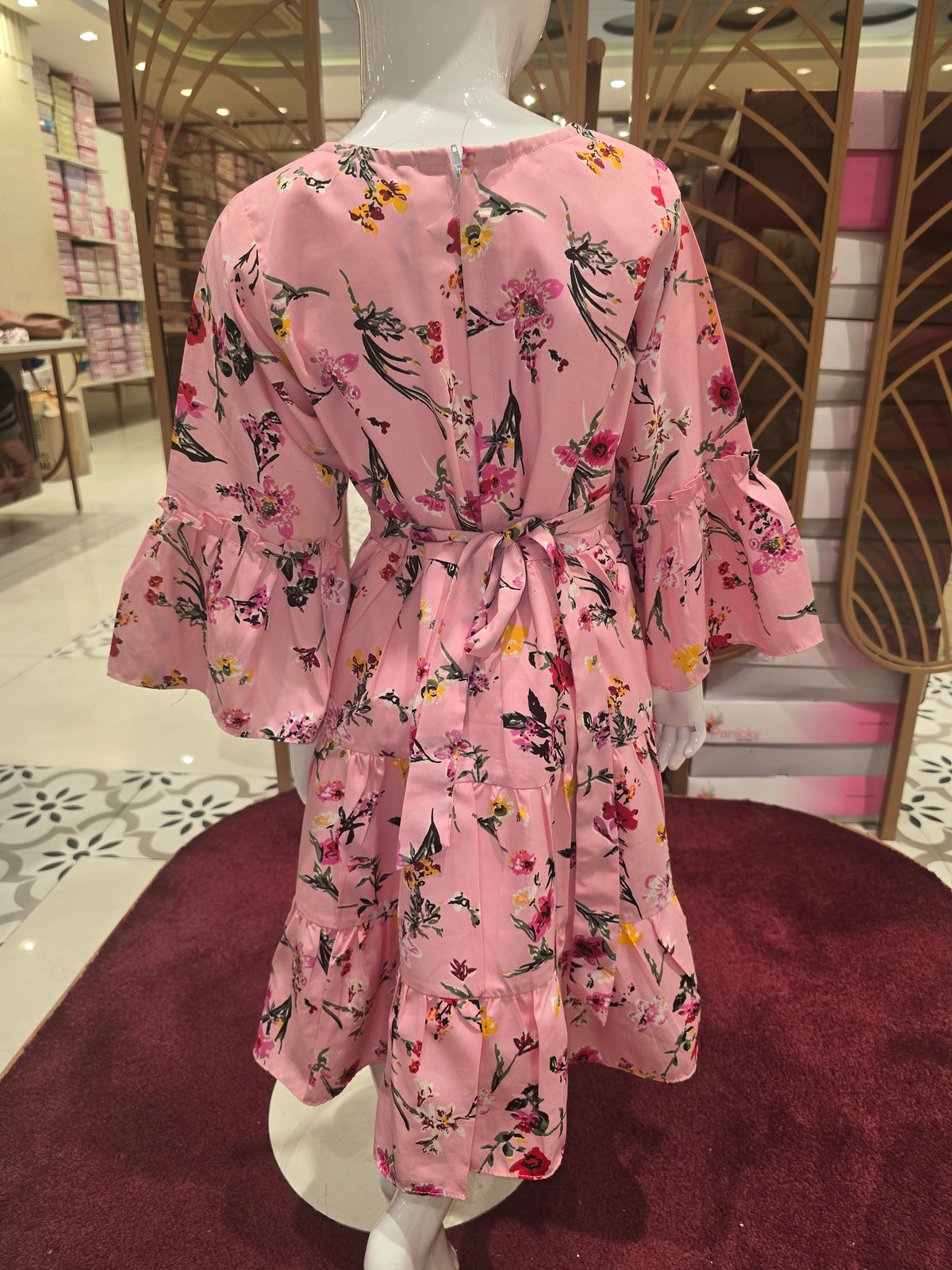 Girls Baby Pink Floral Crepe Short Frock with Bell Sleeves and Round Neck