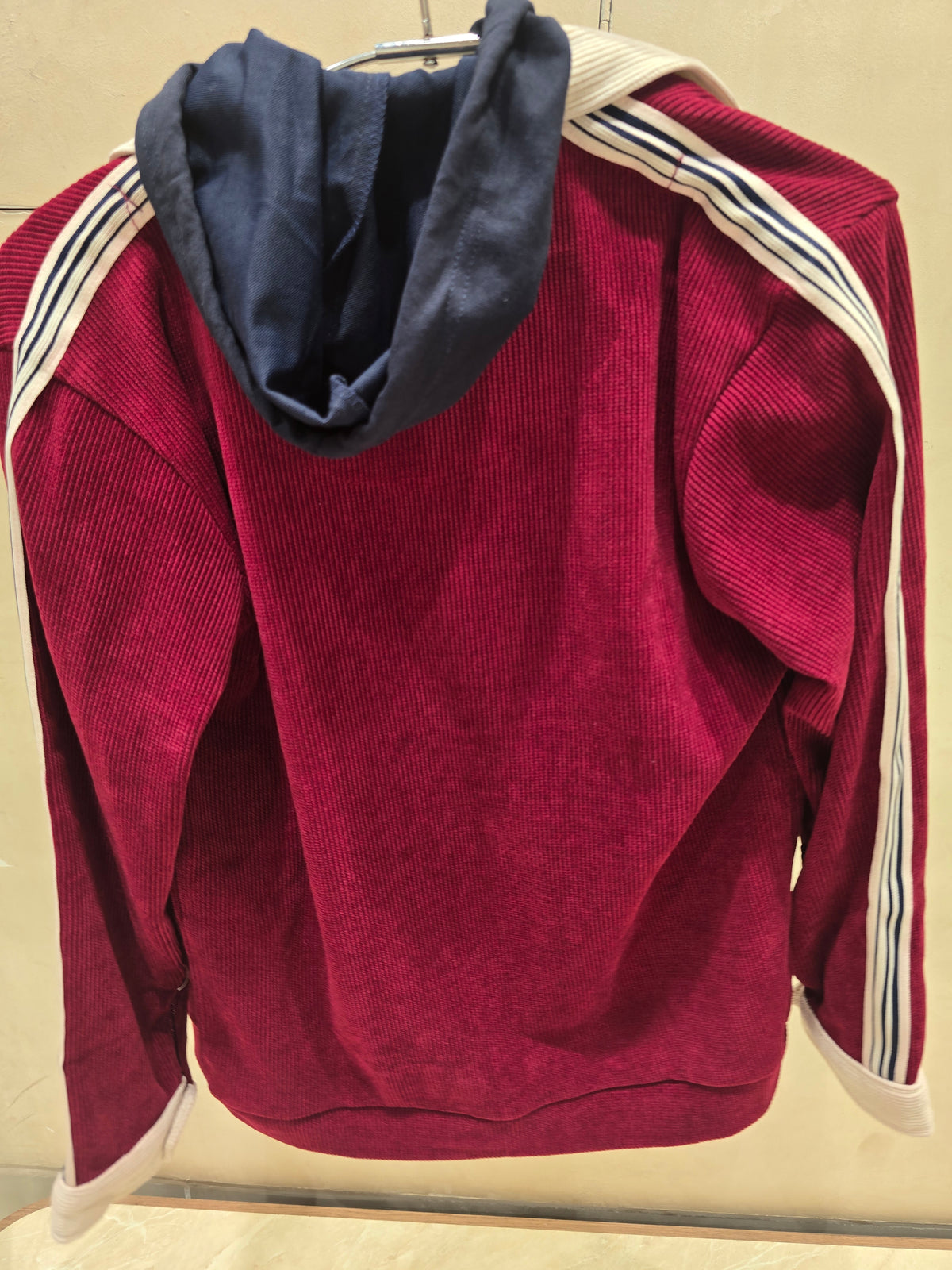 Pintex Corduroy Maroon Jacket with Detachable Cap, Cuff-Striped Full Sleeves & Dual-Zip Design Paired with Pure Cotton Printed T-Shirt (Age 8)
