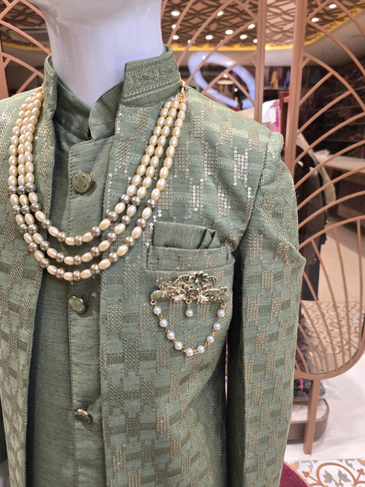 Pista colored silk mix Fabric junior ethnic sequence & handwork brauch ,3 layer maala