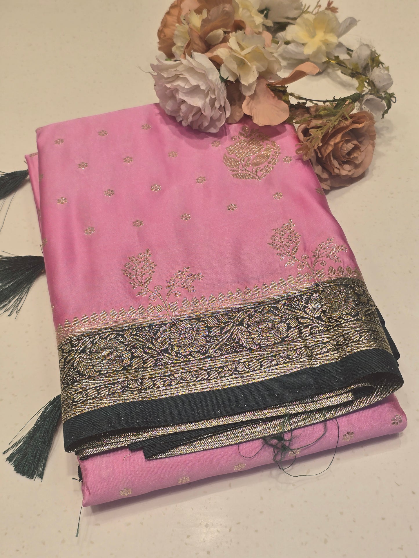 Satin Banarasi Saree with Jari Butta, Rich Pallu & Contrast Blouse | Festive & Traditional Wear