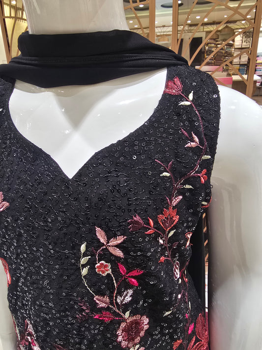 Black Chiffon Sharara Palazzo Set for Girls with Sequins & Floral Embroidery – Ethnic 3 Piece Set