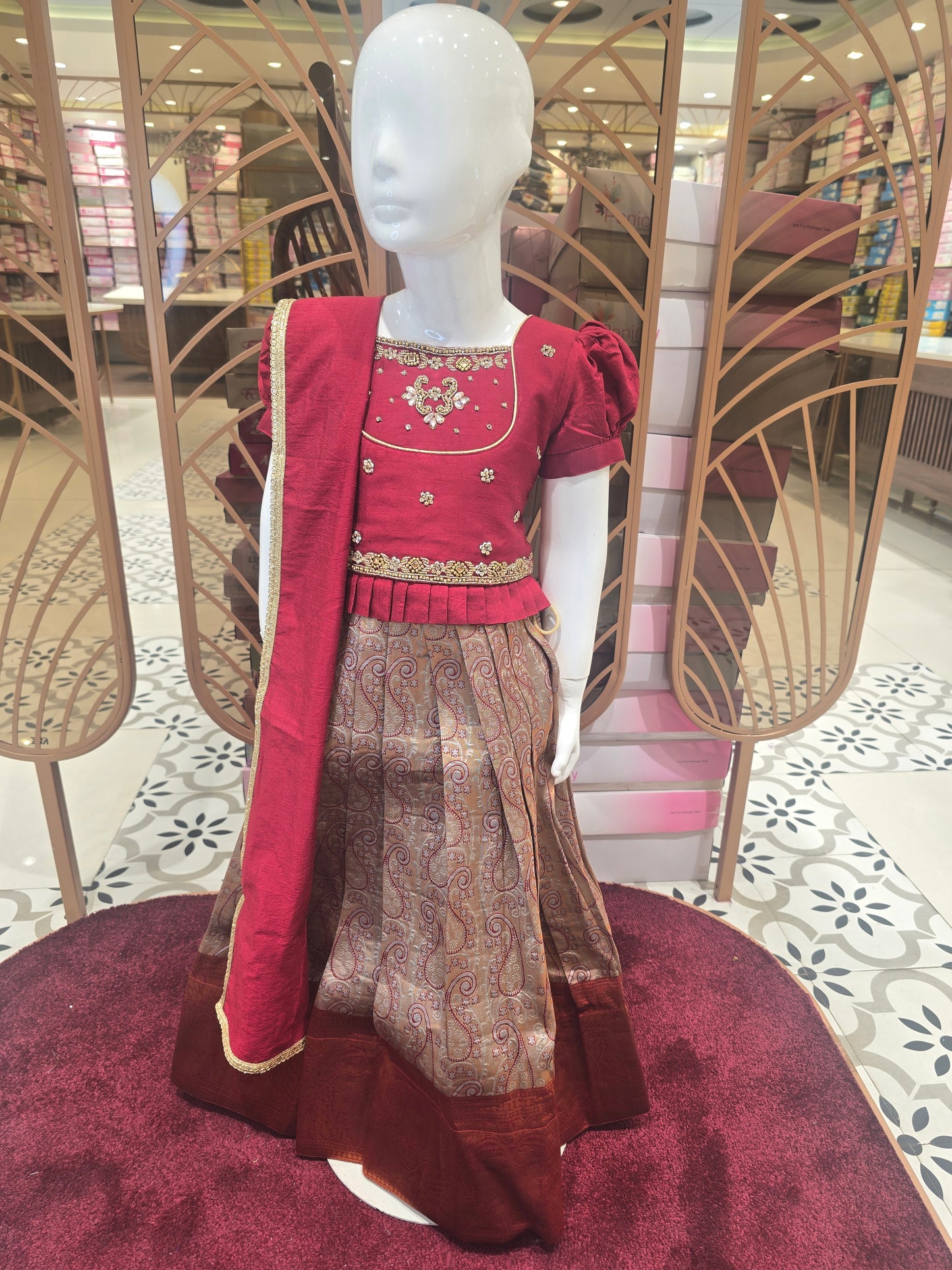 Maroon & Goldish Cream Banarasi Silk Ethnic Langa Blouse Set for Girls with Printed Skirt and Puff Sleeves