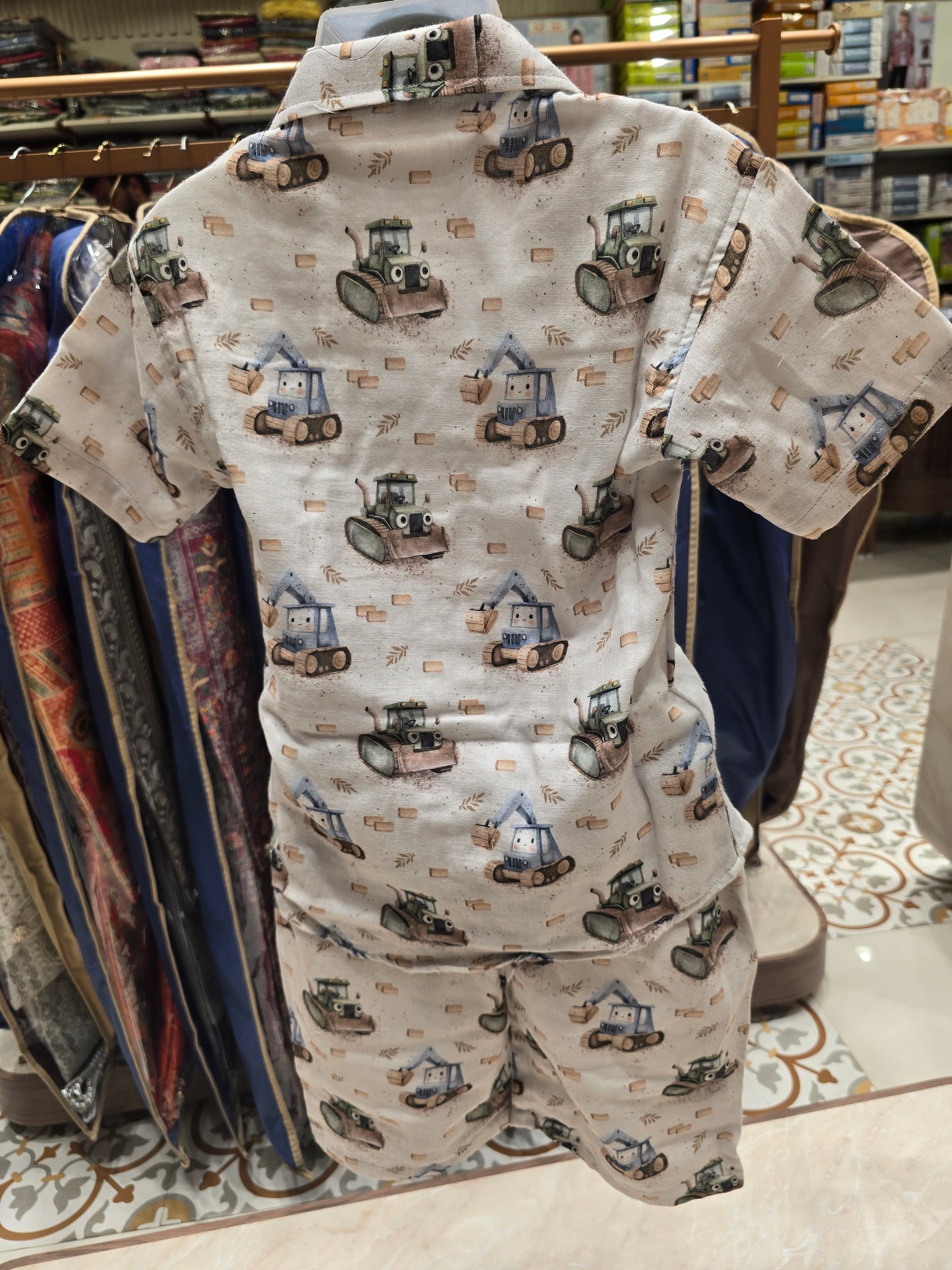 Boys Imported Fabric Capri Set in White Base with Cartoon Vehicle Printed Shirt and Shorts for Summer Casual Wear