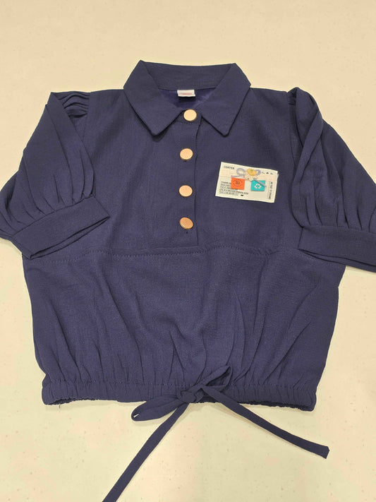 navy blue cropped polo top with a drawstring hem