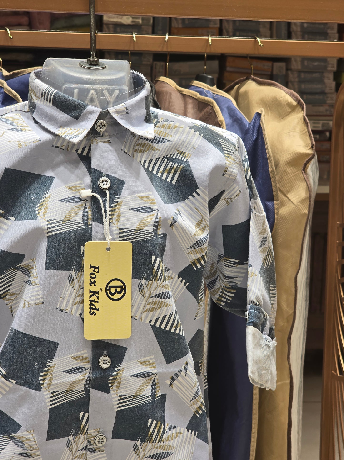 Boy Grayish Blue Square Printed Cotton Shirt