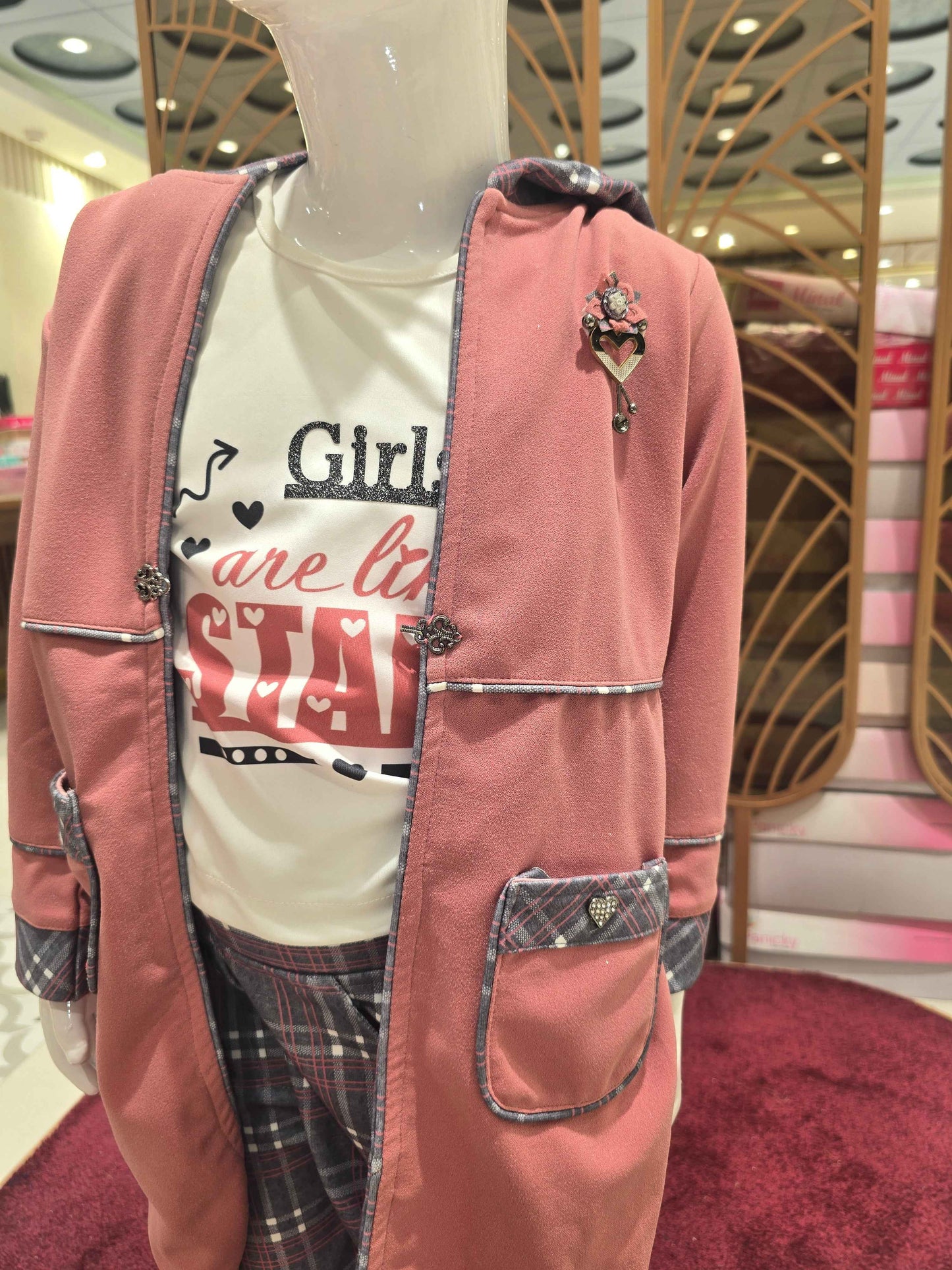 Lycra Material peach with silver colour western wear jersey style with printed inner , checked pattren pant and long jersey