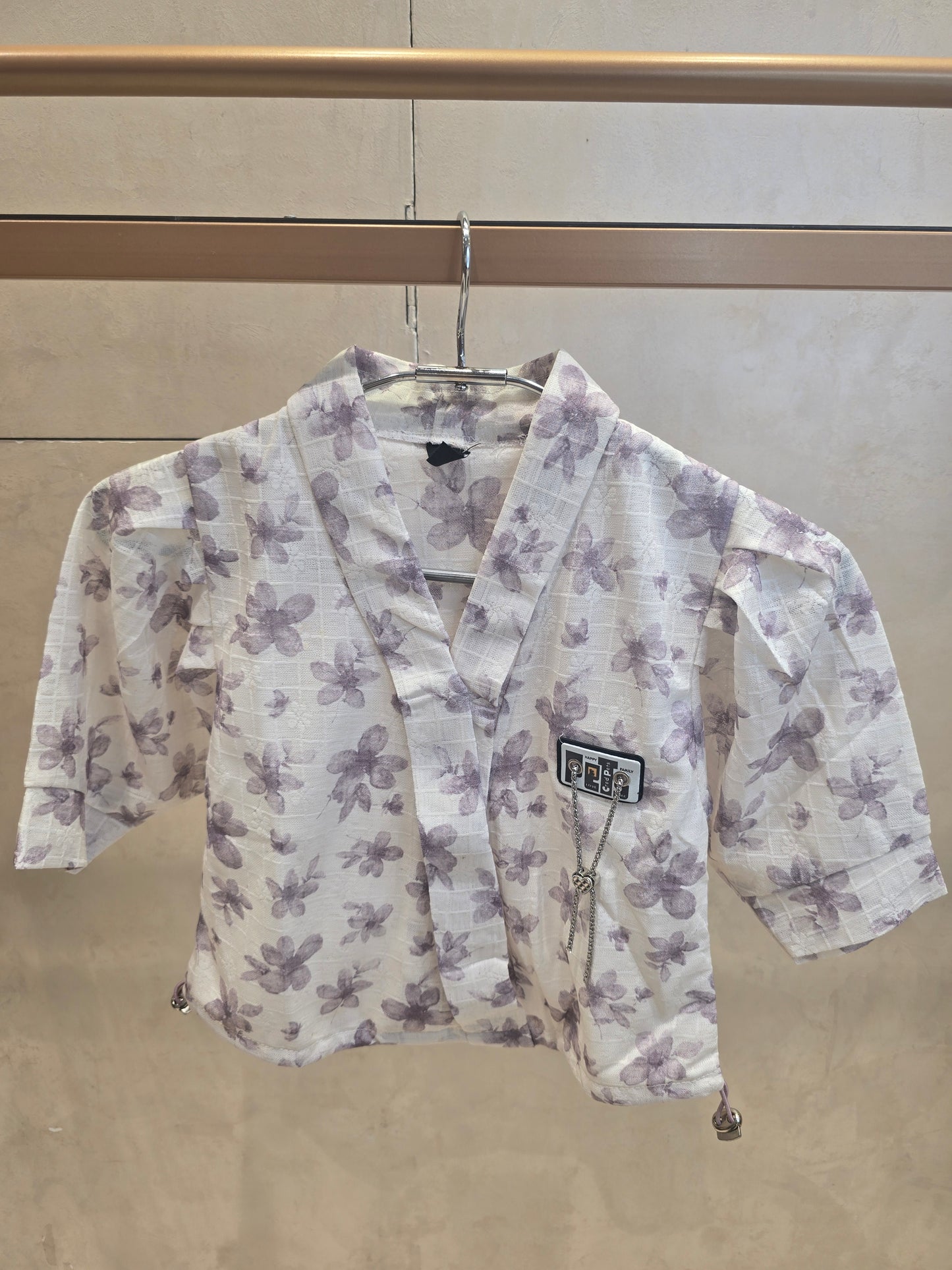 White base lavender printed crepe fabric western top with buf sleeves