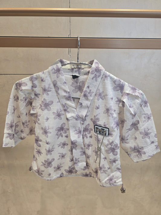 White base lavender printed crepe fabric western top with buf sleeves