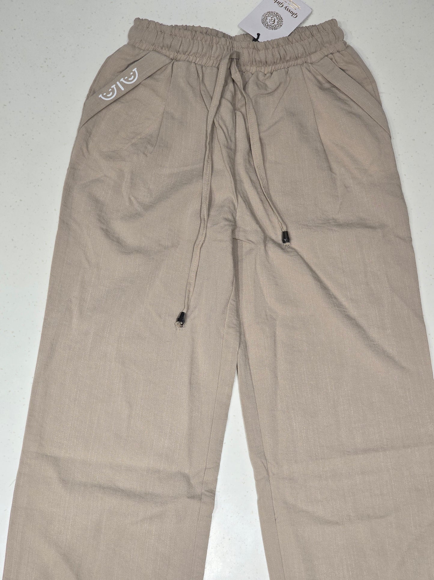 Beige Cotton Linen Wide-Leg Trousers for Girls