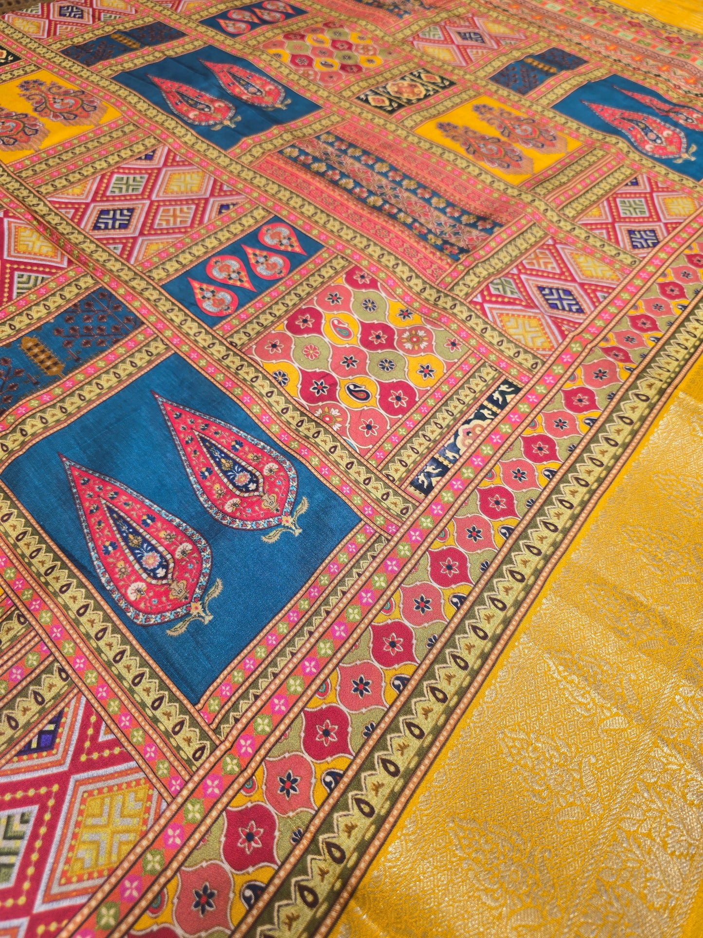 Semi Crepe Printed Silk Saree with Banarasi Border and Contrast Butta Blouse | Festive & Party Wear