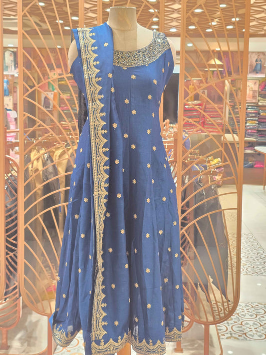 Crepe material peacock blue color Anarkali kurta set with grand neck