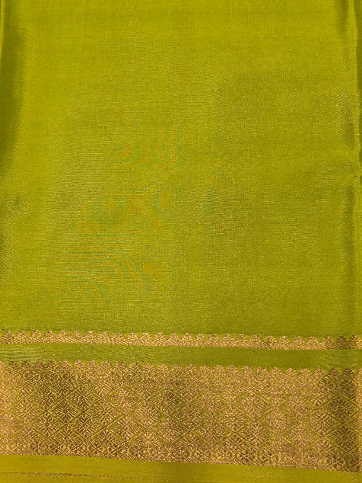 Pure Mysore Crepe Silk Saree in Peach with Contrast Neon Green Border, Pallu & Rectangular Checks