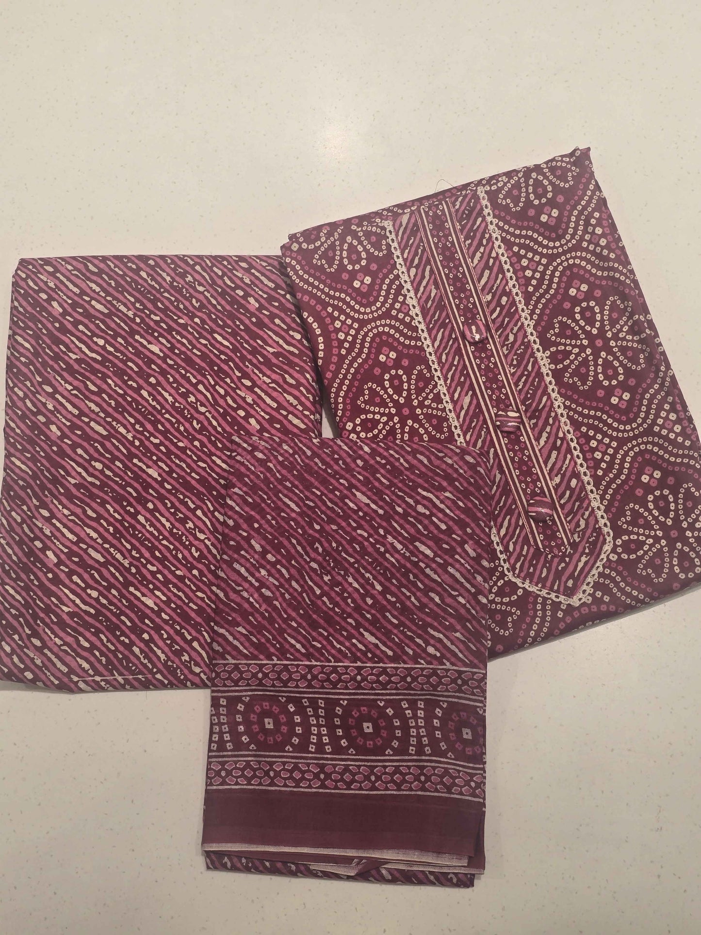 Women Pink Semi Cotton Polka Dot Dress Material Set