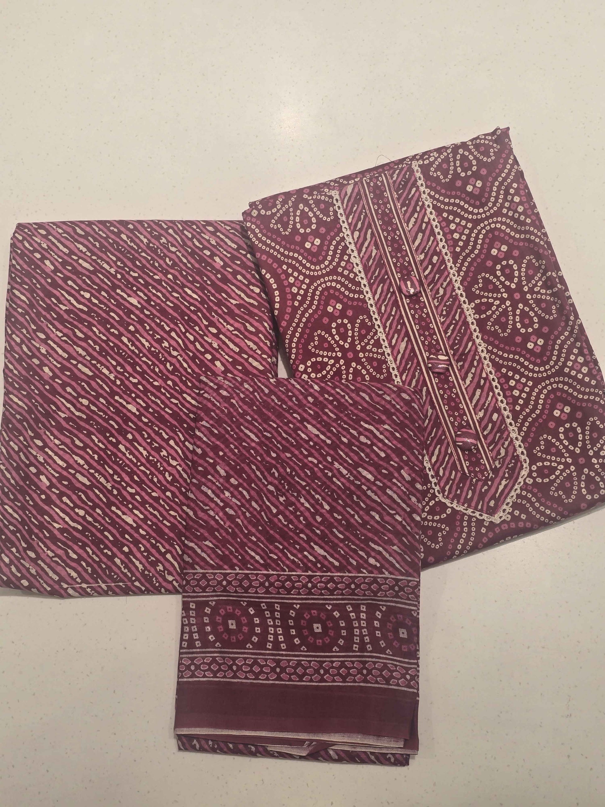 Women Pink Semi Cotton Polka Dot Dress Material Set