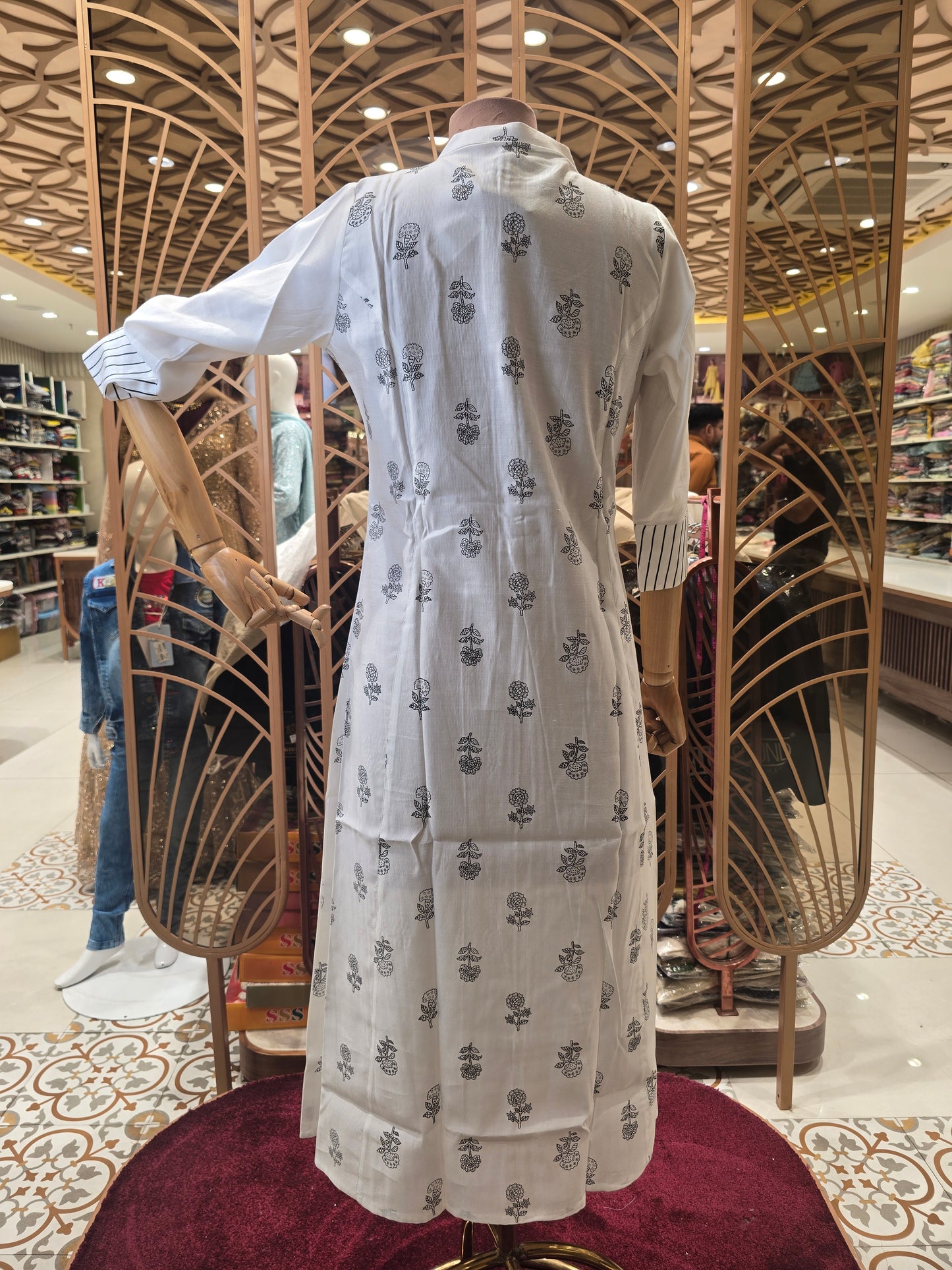 Women’s Rayon Straight Kurta in White with Left Side Long Floral Printed Design, Buttoned Collar Neck and ¾th Sleeves for Daily Wear