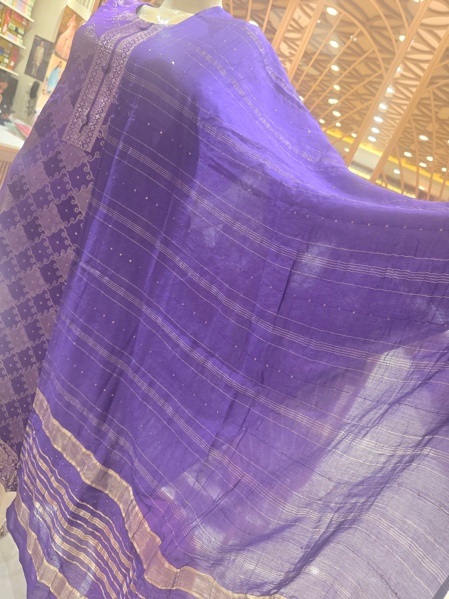 Purple Banarasi Silk Party Wear Set for Women with Banarasi Design & Micro Sequin Work, Round Neck – Elegant Occasion Wear