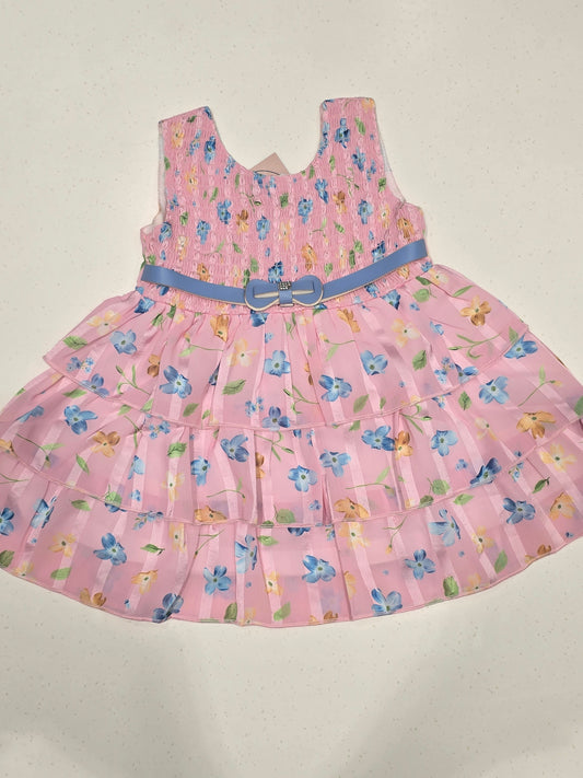 Pink Tiered Floral Cotton Baby Frock Dress for Girls with Smocked Bodice