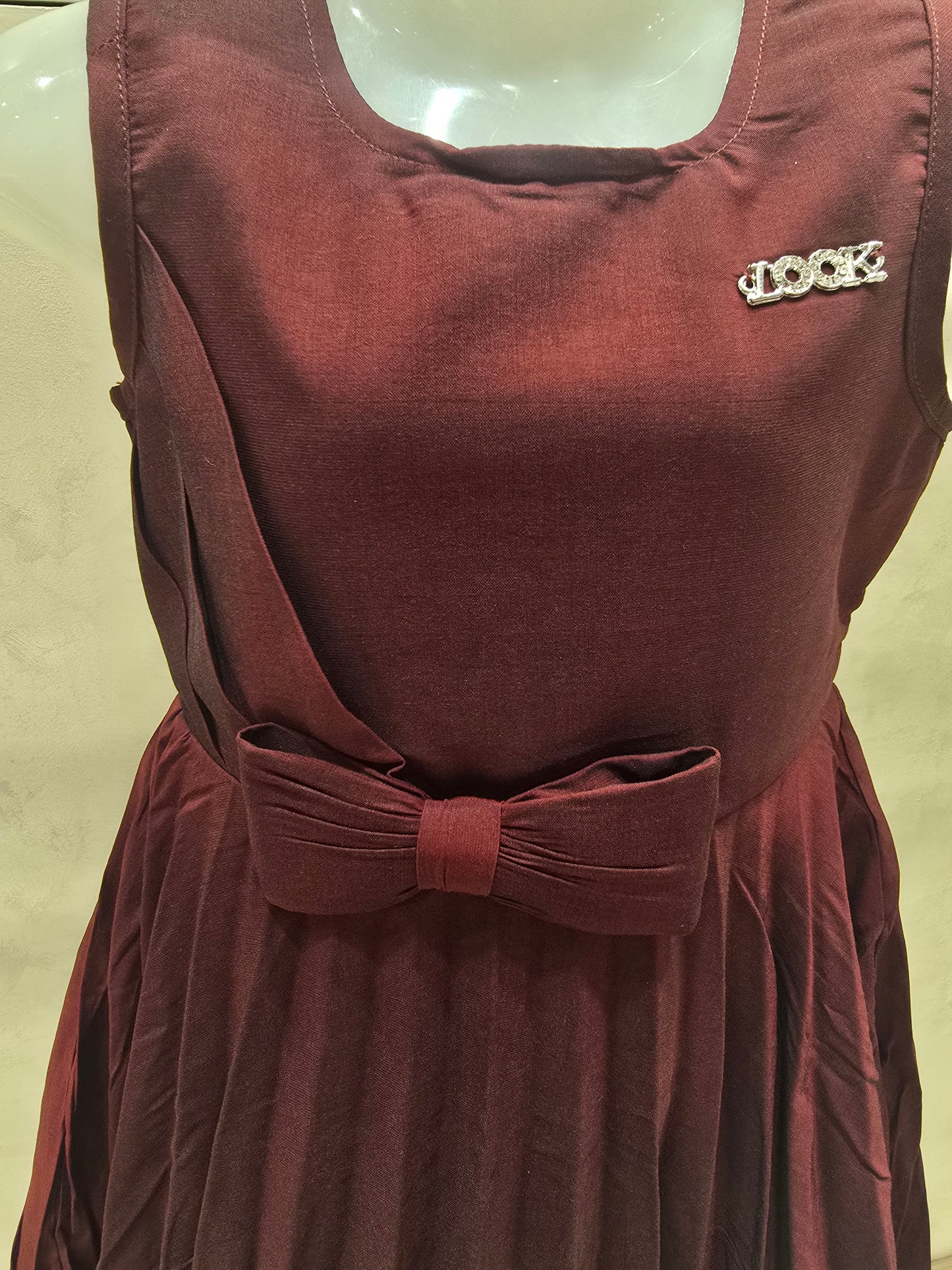 Maroon Georgette Crush Frock with Bow | Sleeveless Short Frock