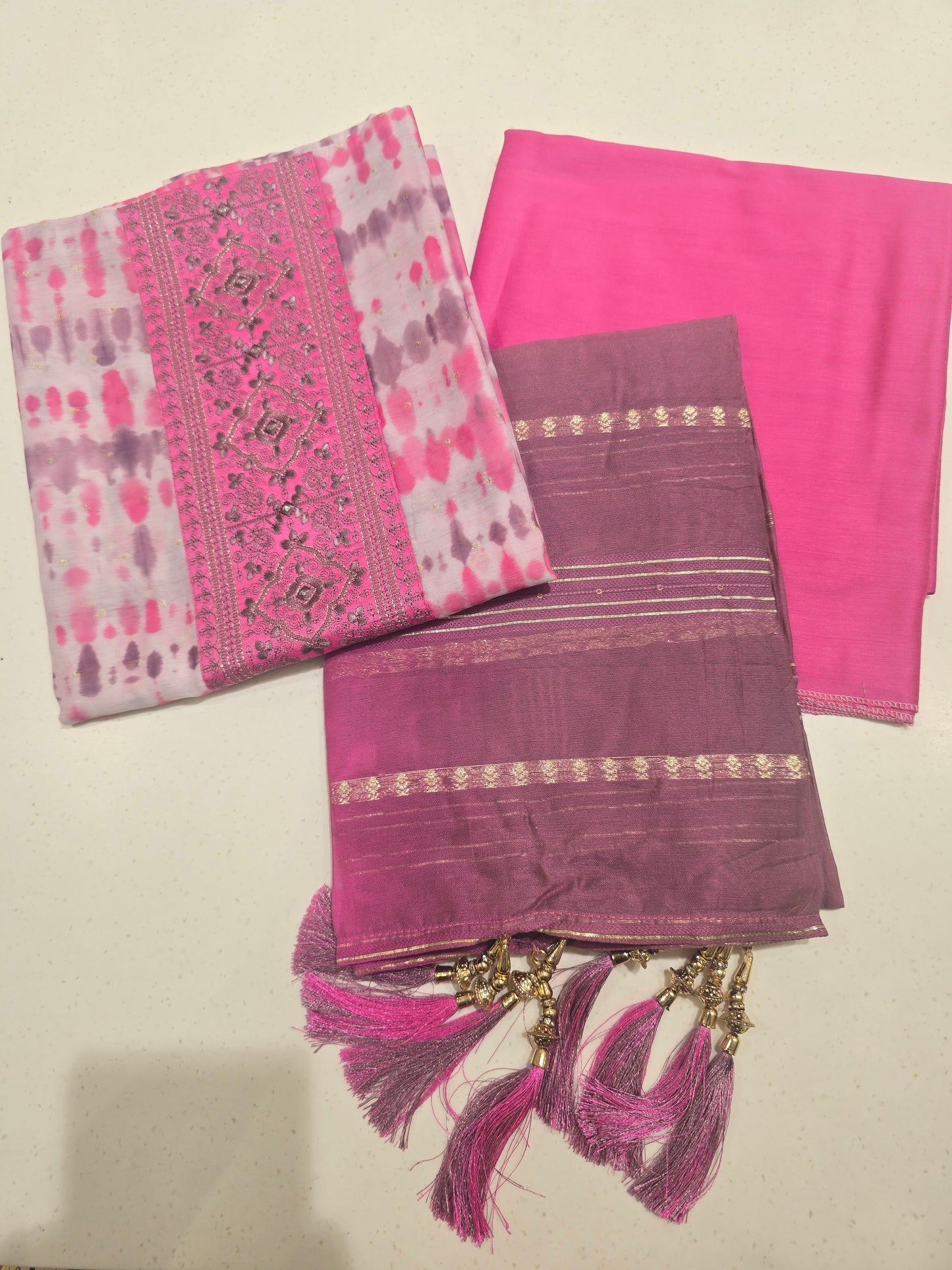 Pink White Semi Cotton Dress Material