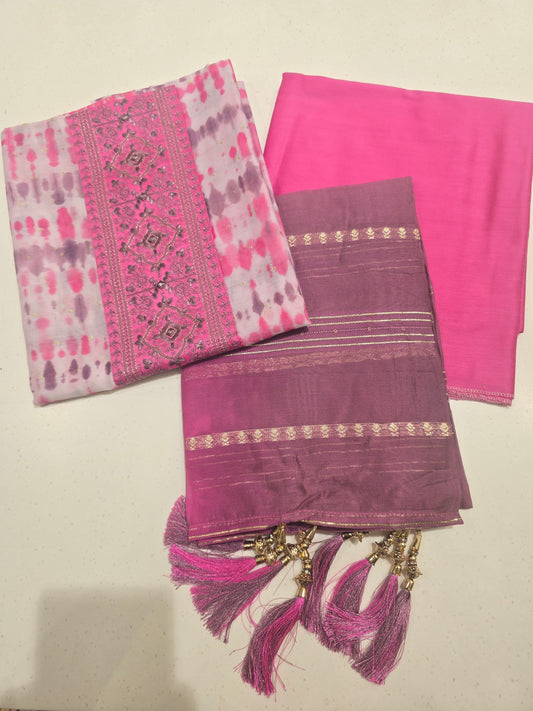 Pink White Semi Cotton Dress Material